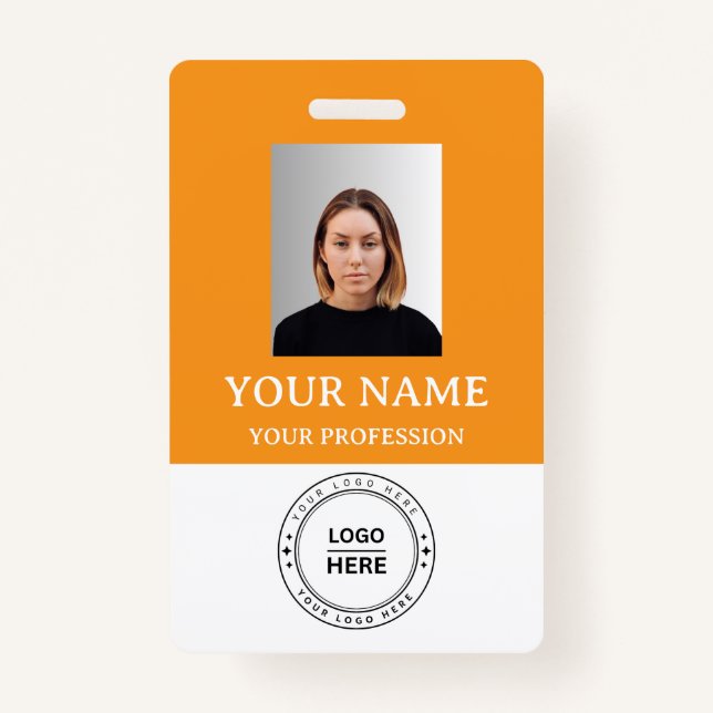 Custom orange Employee Badge with Photo, Logo, QR ID Badge (Front)