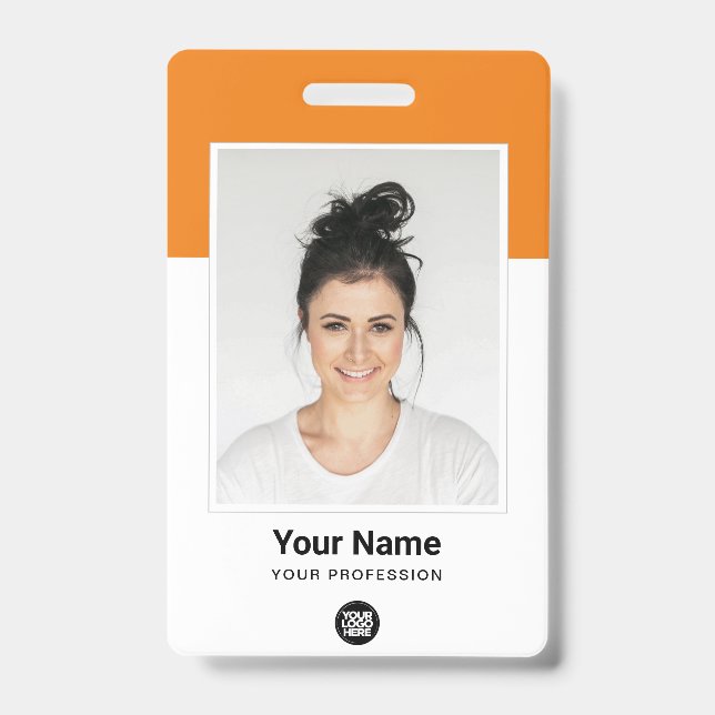 Custom Orange Employee Large Photo, BarCode, Name ID Badge (Front)