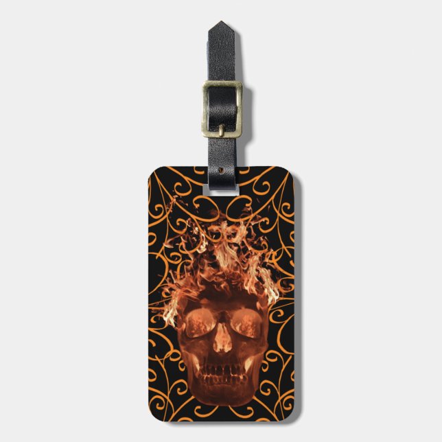 Custom Orange Flame Skull Luggage Tag (Front Vertical)
