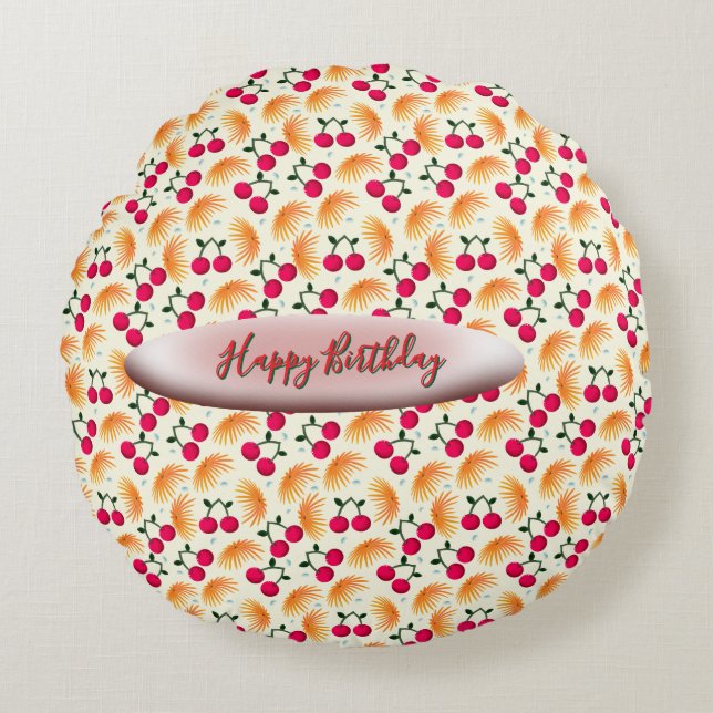 Custom Orange Floral Cherry Pattern  Round Cushion (Front)