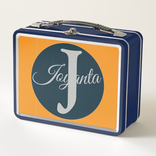 Custom  orange greay blue Monogram Elegant Metal Lunch Box (Front)