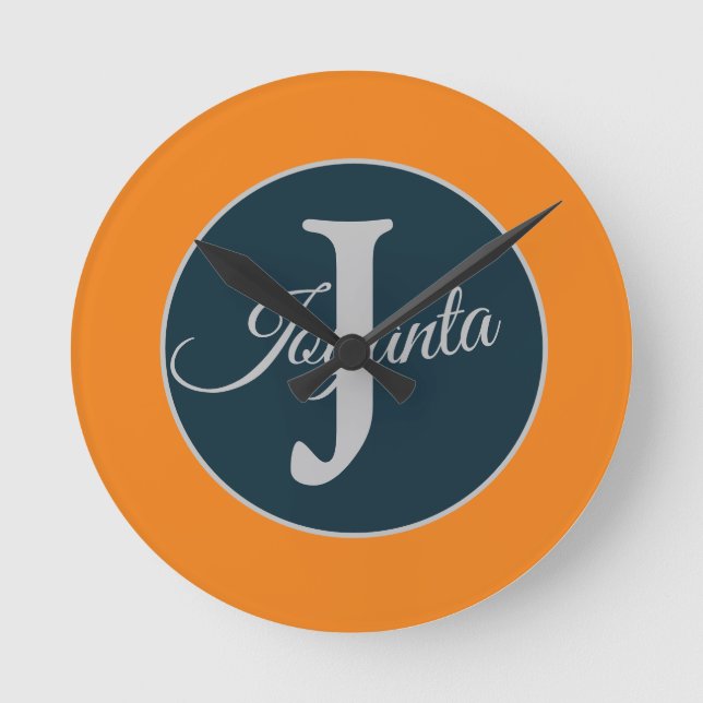 Custom  orange greay blue Monogram Elegant Round Clock (Front)