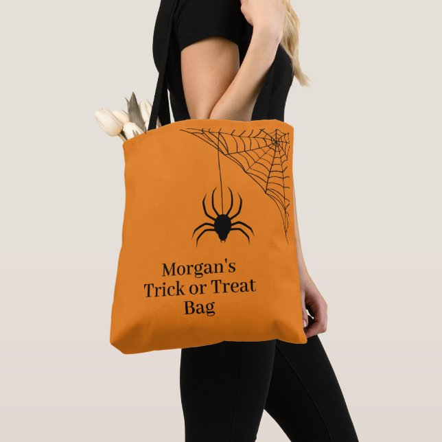 Custom Orange Halloween Spider Web Trick or Treat Tote Bag (Close Up)