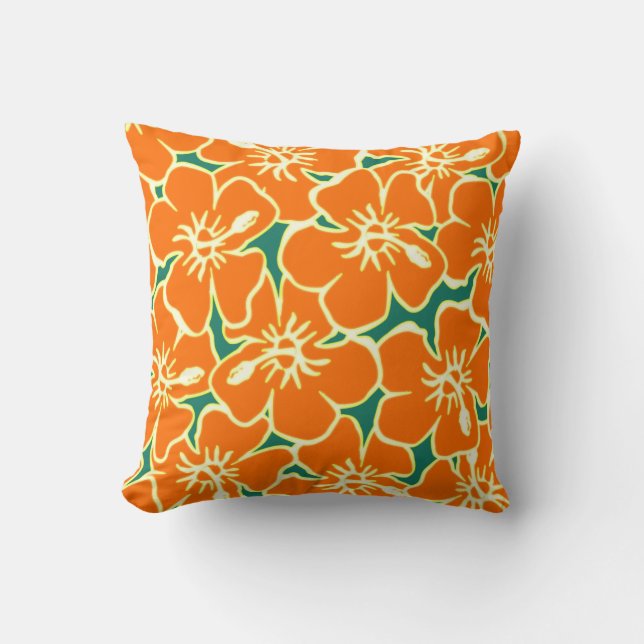 Custom Orange Hibiscus Flowers Tropical Hawaiian Cushion (Front)