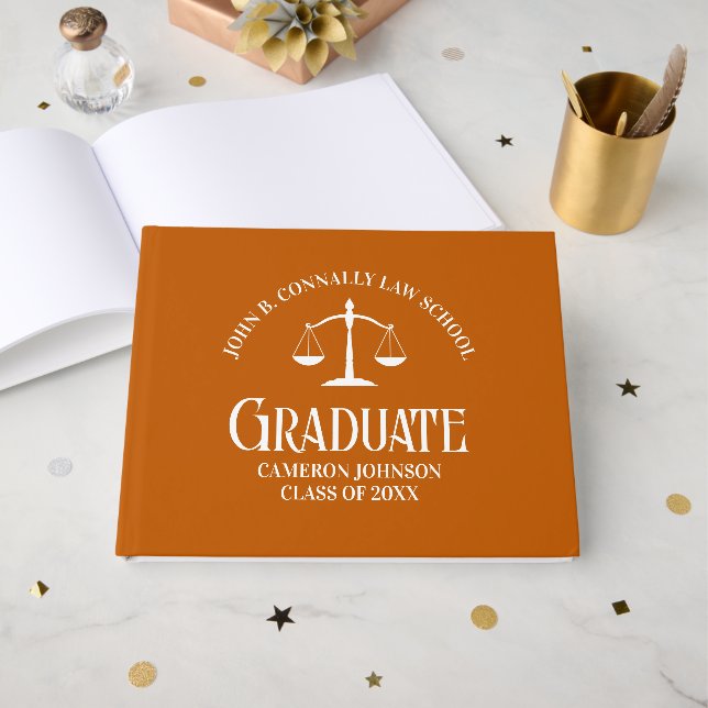 Custom Orange Law School Graduation Party Guest Book (Front Open)
