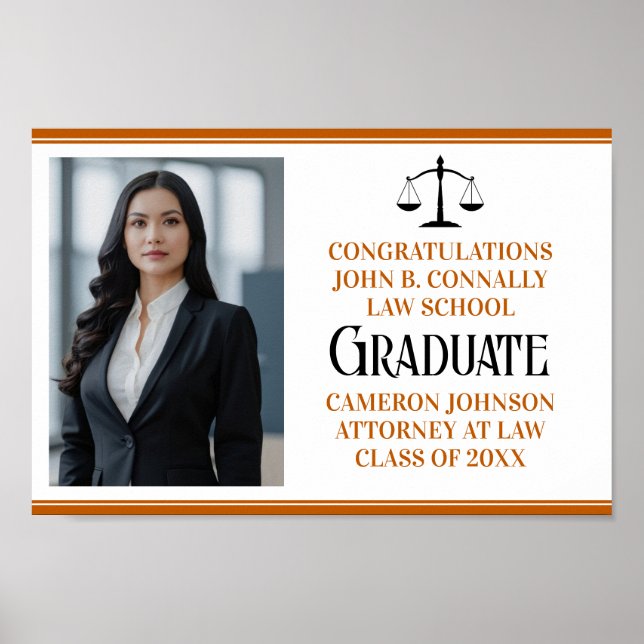 Custom Orange Law School Photo Graduation Party Poster (Front)
