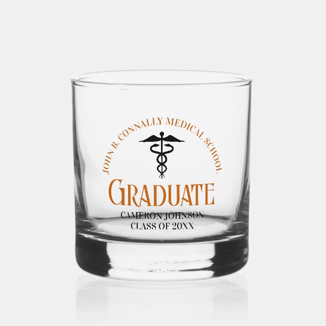 Custom Orange Medical School Graduation Keepsake Whiskey Glass (Front)