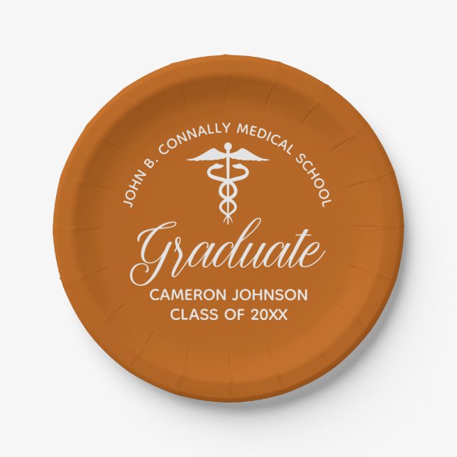 Custom Orange Medical School Graduation Party Paper Plate (Front)