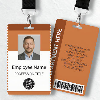 Custom Orange Modern Photo Employee Name Barcode ID Badge
