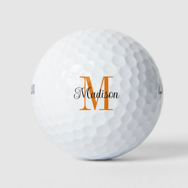 Custom Orange Monogram Initial Black Name Golf Balls (Front)