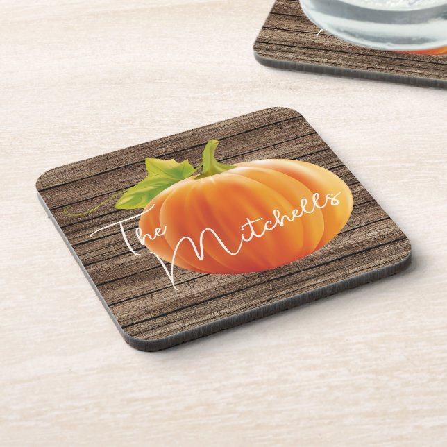 Custom Orange Pumpkin Green Leaves On Woodgrain Coaster (Left Side)