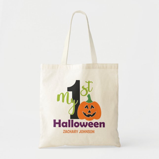 Custom Orange Purple Jack Lantern First Halloween Tote Bag (Front)