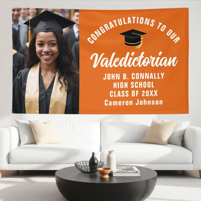 Custom Orange Valedictorian Photo Graduation Party Banner (Creator Uploaded)