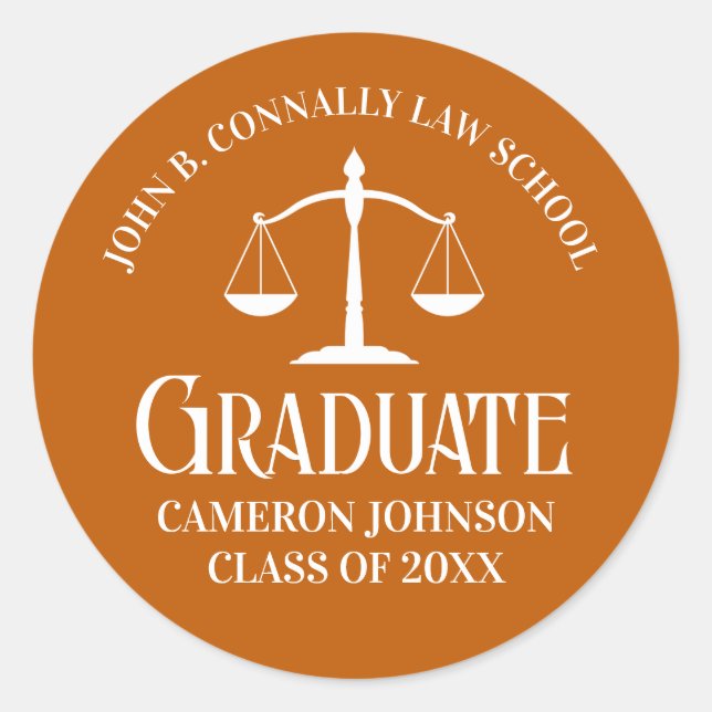 Custom Orange White Law School Graduation Party Classic Round Sticker (Front)
