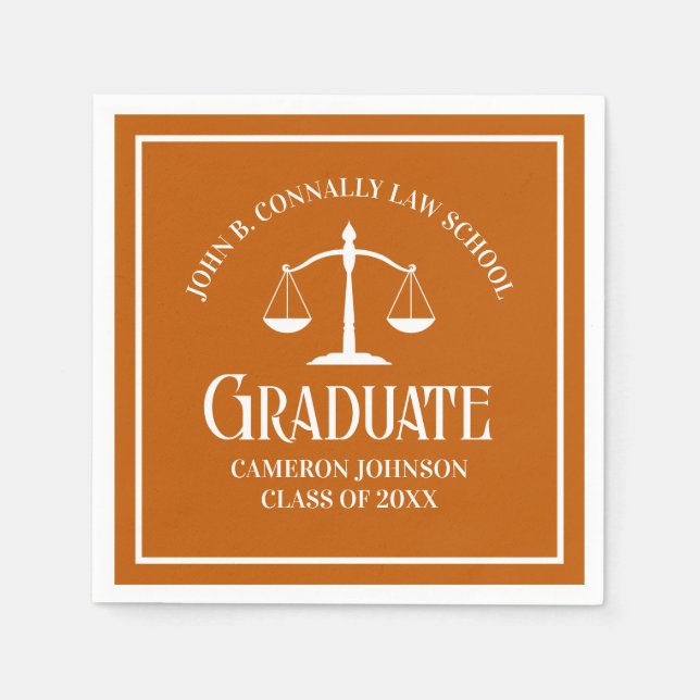 Custom Orange White Law School Graduation Party Napkin (Front)
