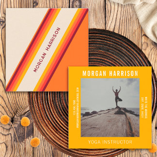 Custom Orange Yellow Retro Stripes 70s, 80s Square Business Card
