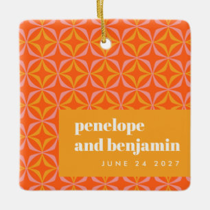 Custom Orange Yellow Retro Typography Wedding Ceramic Ornament