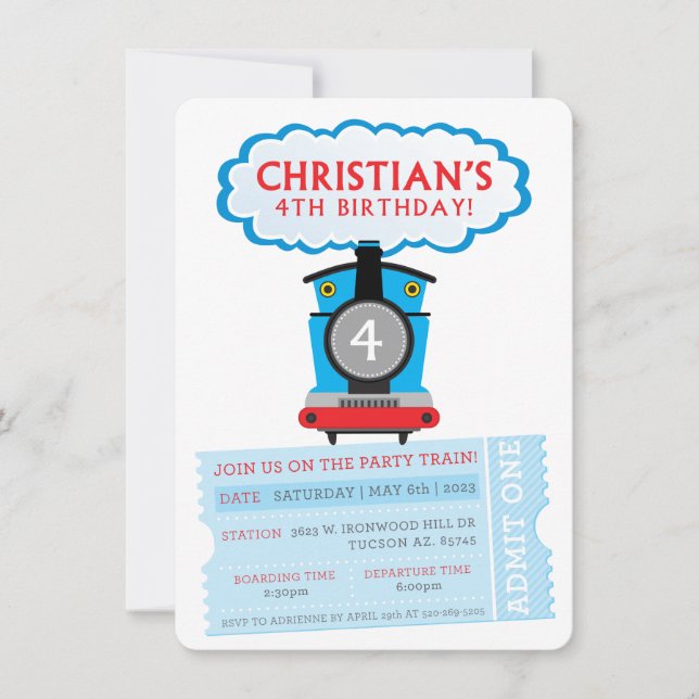 CUSTOM ORDER Christian's 4th Birthday train invite (Front)