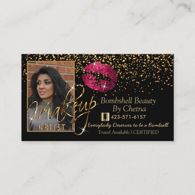 Custom Order - Gold Confetti & Hot Pink Lips Business Card (Front)