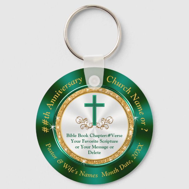 Custom Ordered Green Gold White Church Anniversary Key Ring (Front)