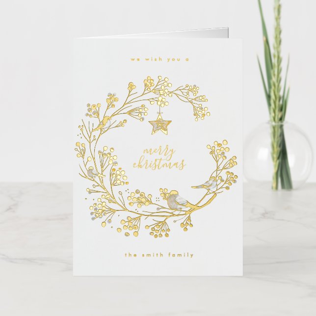 Custom Organic Christmas Wreath Holiday Folded Foil Greeting Card (Front)