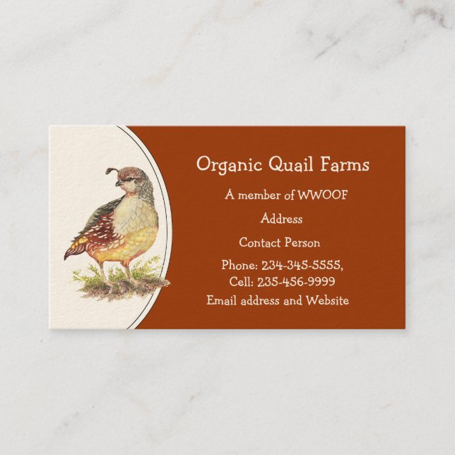 Custom Organic Quail Farm, Animal Business Card (Front)