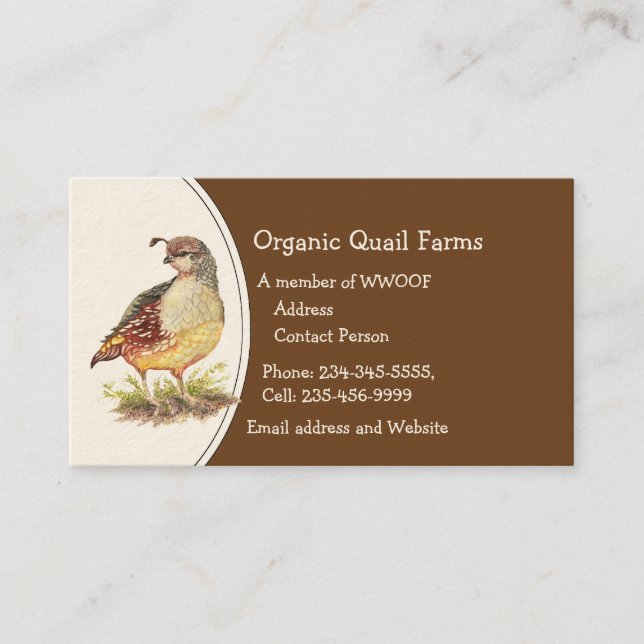 Custom Organic Quail Farm  Animal Business Card (Front)