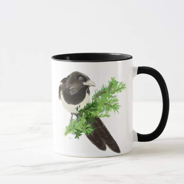 Custom Original Watercolor Magpie Pine Branch Mug (Right)