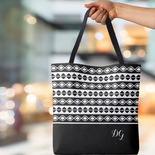 Custom Ornamental Bold Black Pattern Geometric Tote Bag (Stylish Custom Monogrammed Initials Ornamental Bold Black & White  Pattern Geometric Canvas Tote Bag)