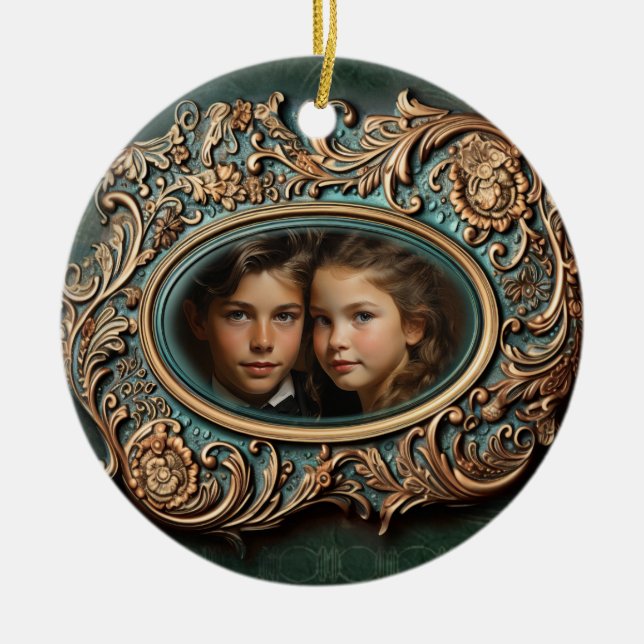 Custom, Ornate, Family Photo Christmas Ornament (Front)