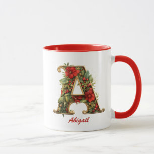 Custom Ornate Monogram A Christmas Red Gold Mug