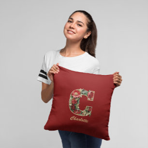 Custom Ornate Monogram C Christmas Red Gold Cushion
