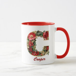 Custom Ornate Monogram C Christmas Red Gold Mug