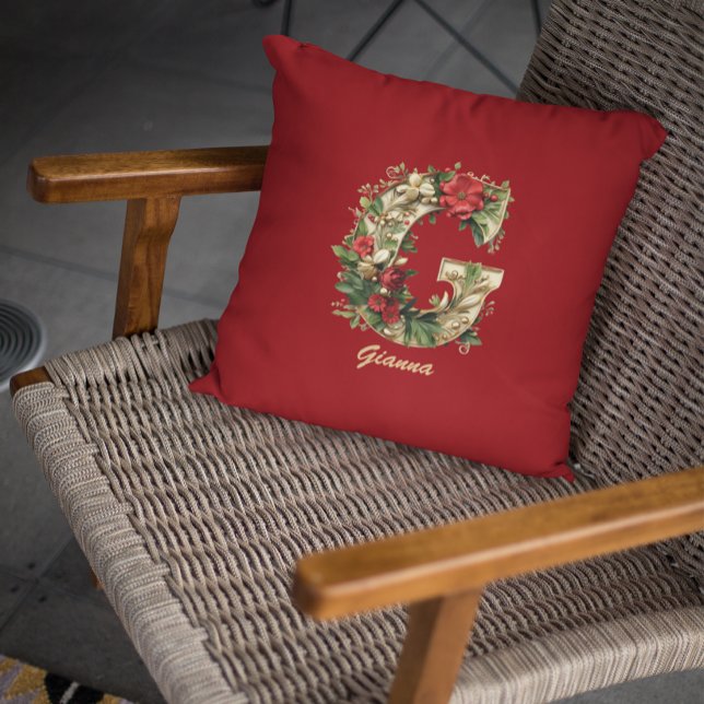 Custom Ornate Monogram G Christmas Red Gold Cushion (Creator Uploaded)