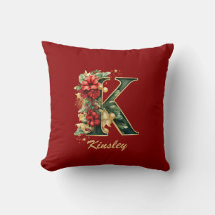 Custom Ornate Monogram K Christmas Red Gold Cushion