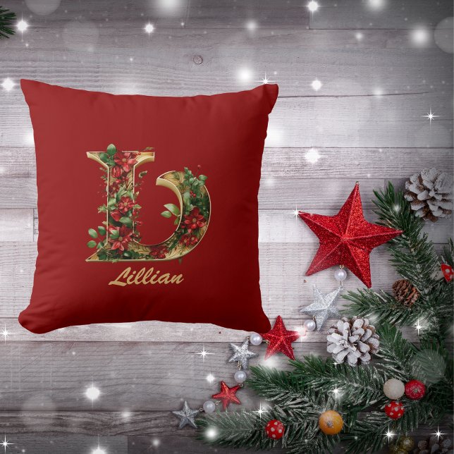 Custom Ornate Monogram L Christmas Red Gold Cushion (Creator Uploaded)