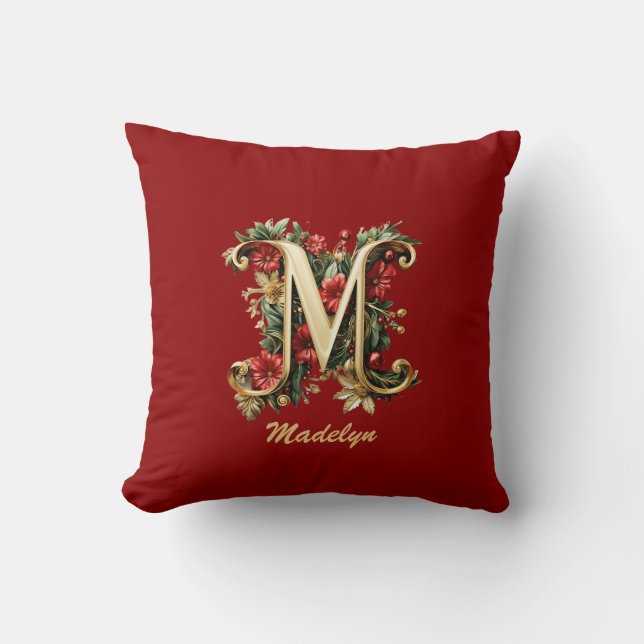 Custom Ornate Monogram M Christmas Red Gold Cushion (Front)