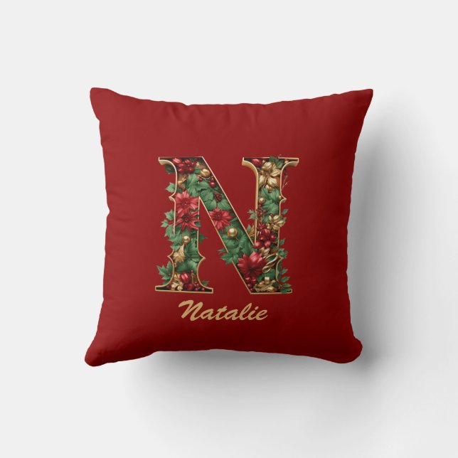 Custom Ornate Monogram N Christmas Red Gold Cushion (Back)