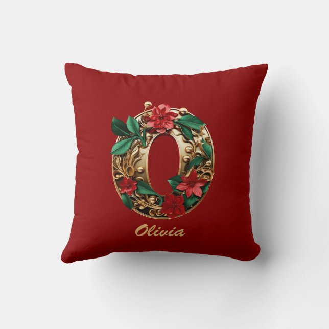 Custom Ornate Monogram O Christmas Red Gold Cushion (Back)