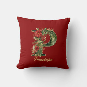 Custom Ornate Monogram P Christmas Red Gold Cushion