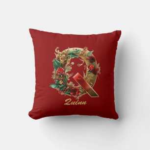 Custom Ornate Monogram Q Christmas Red Gold Cushion