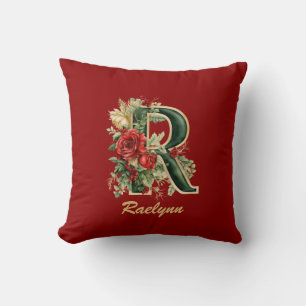 Custom Ornate Monogram R Christmas Red Gold Throw Cushion