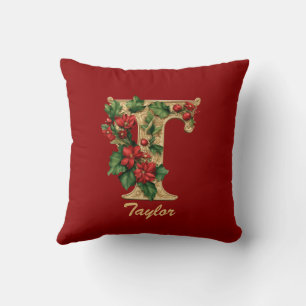 Custom Ornate Monogram T Christmas Red Gold Throw Cushion