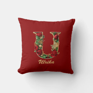 Custom Ornate Monogram U Christmas Red Gold Throw Cushion
