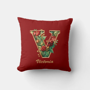 Custom Ornate Monogram V Christmas Red Gold Throw Cushion