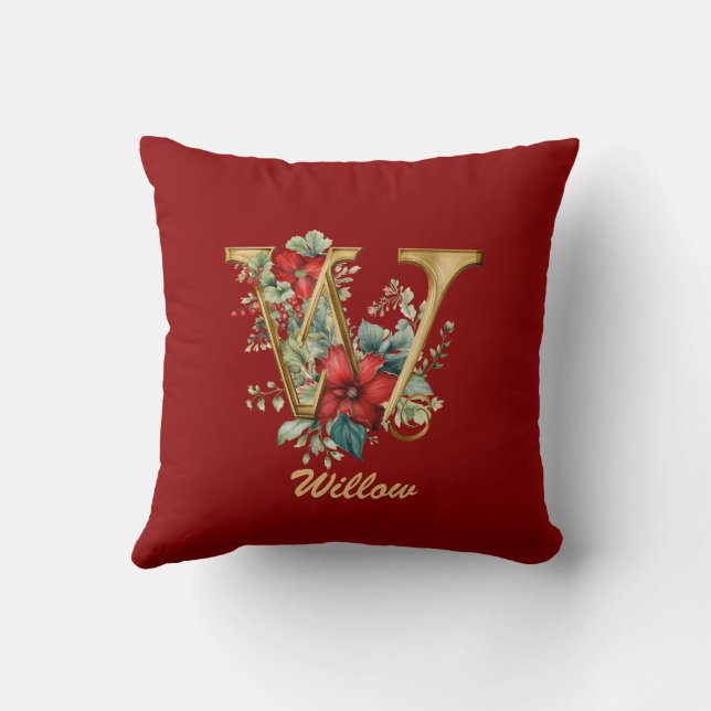 Custom Ornate Monogram W Christmas Red Gold Throw  Cushion (Back)