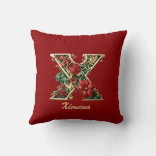 Custom Ornate Monogram X Christmas Red Gold Throw Cushion