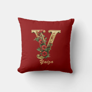 Custom Ornate Monogram Y Christmas Red Gold Throw Cushion