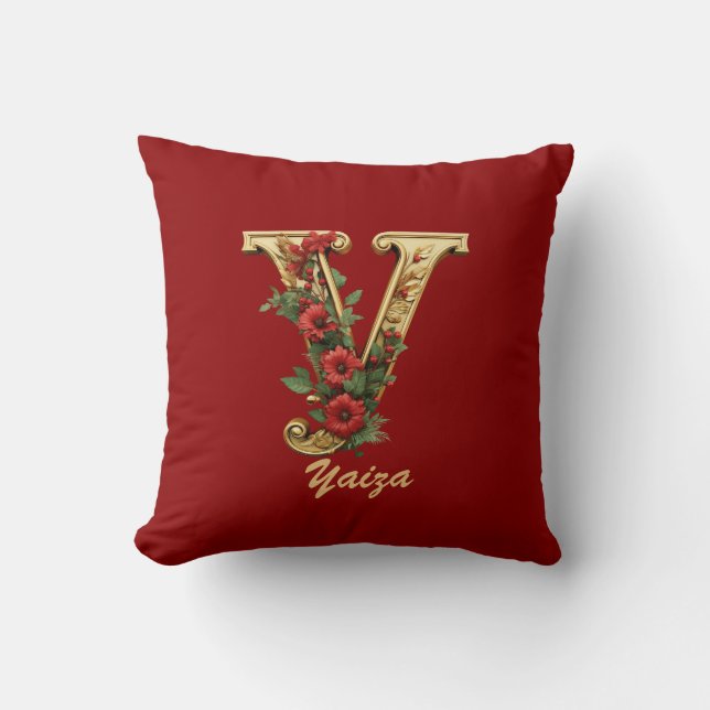 Custom Ornate Monogram Y Christmas Red Gold Throw  Cushion (Front)