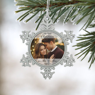 Custom Our First Christmas as Mr. & Mrs. 2025 Snowflake Pewter Christmas Ornament